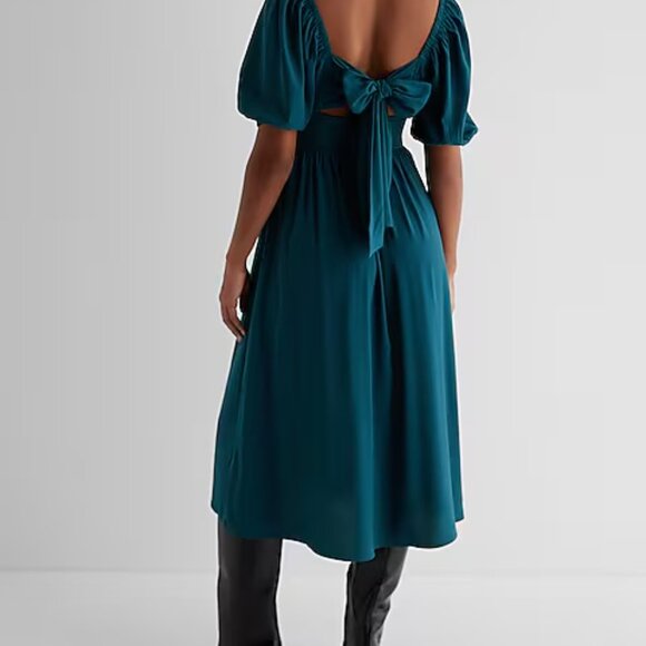 Express V-Neck Puff Sleeve Button Front Tie Back Midi Dress - Picture 2 of 7